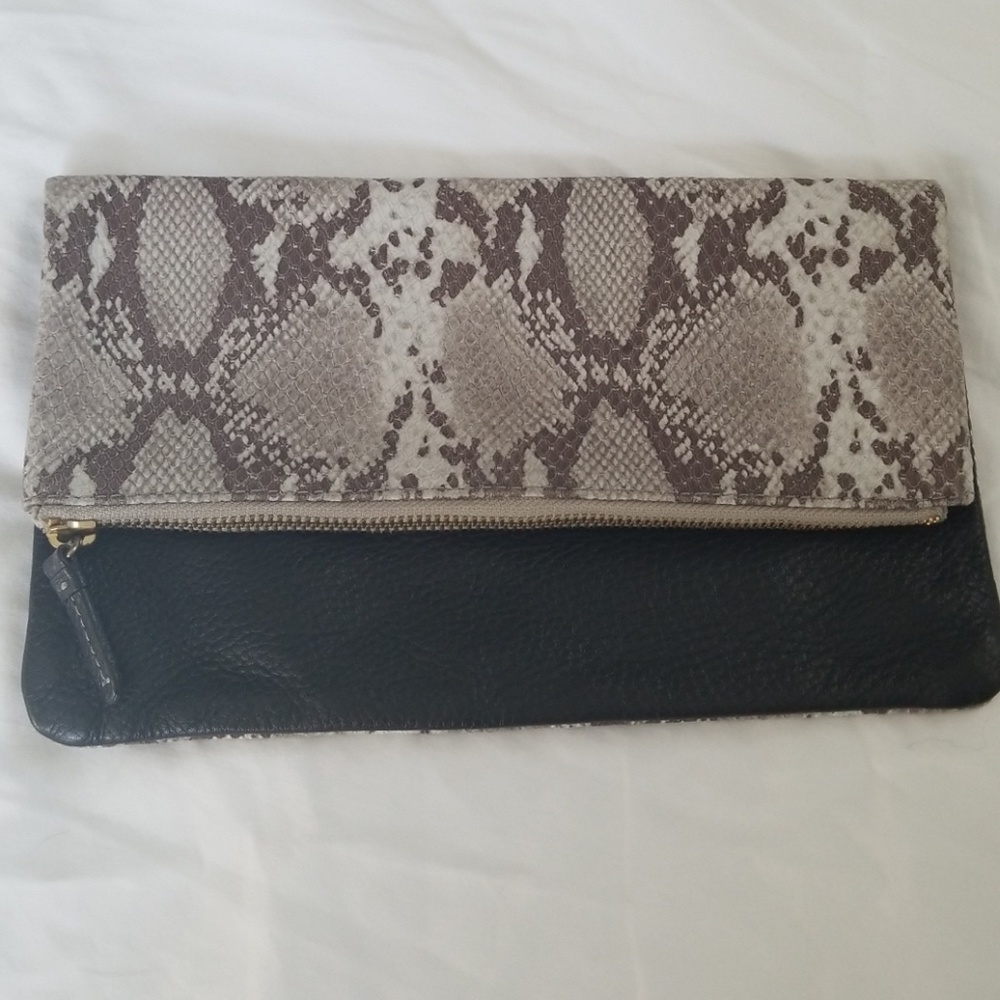 Snake print leather clutch
